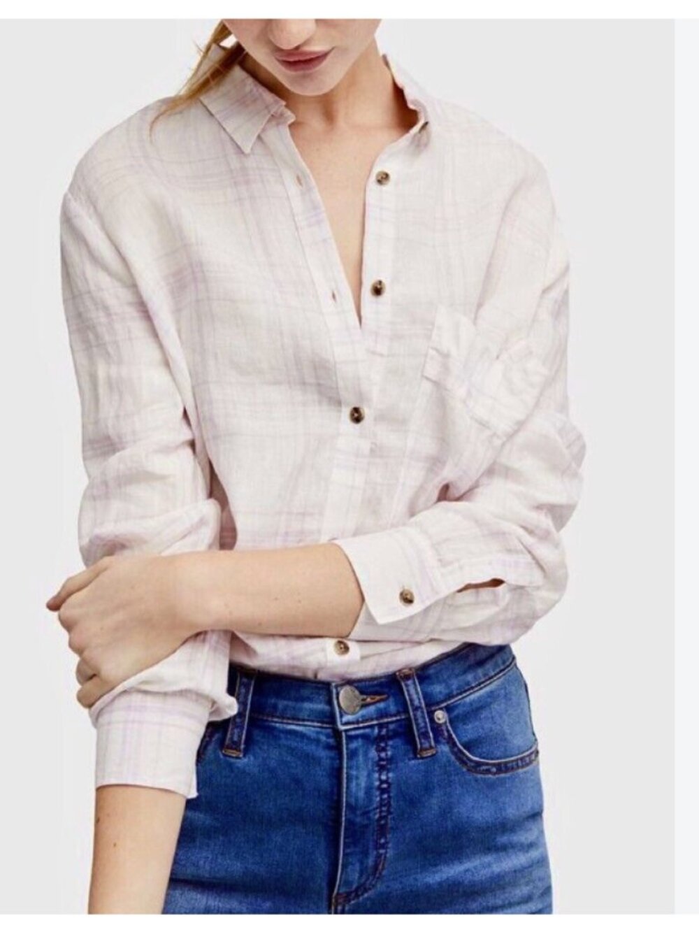 Free People No Limits Linen Plaid Button Down Shirt XS White Pink Oversized